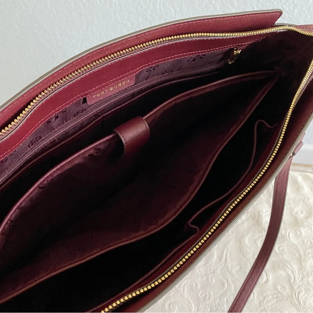 Tory Burch burgundy Saffiano leather Top Zip Tote Bag